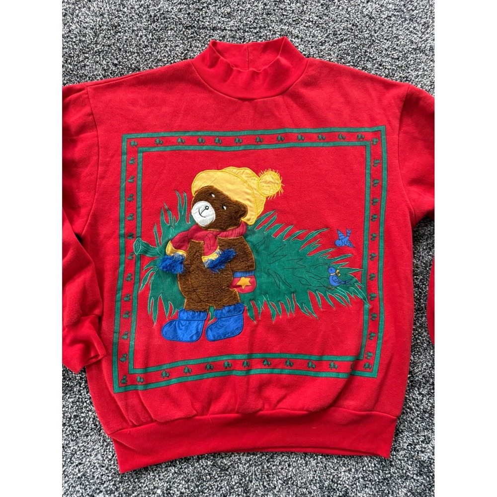 Vintage First Run Christmas Bear Sweatshirt Red Mock Neck 90s Y2K Medium